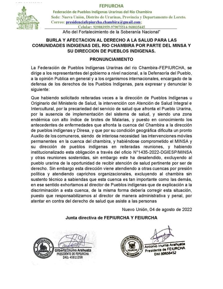 WhatsApp Image 2022 08 04 at 7.05.04 PM 0 Pueblo Urarina demanda urgente atención en salud para comunidades indígenas del Chambira